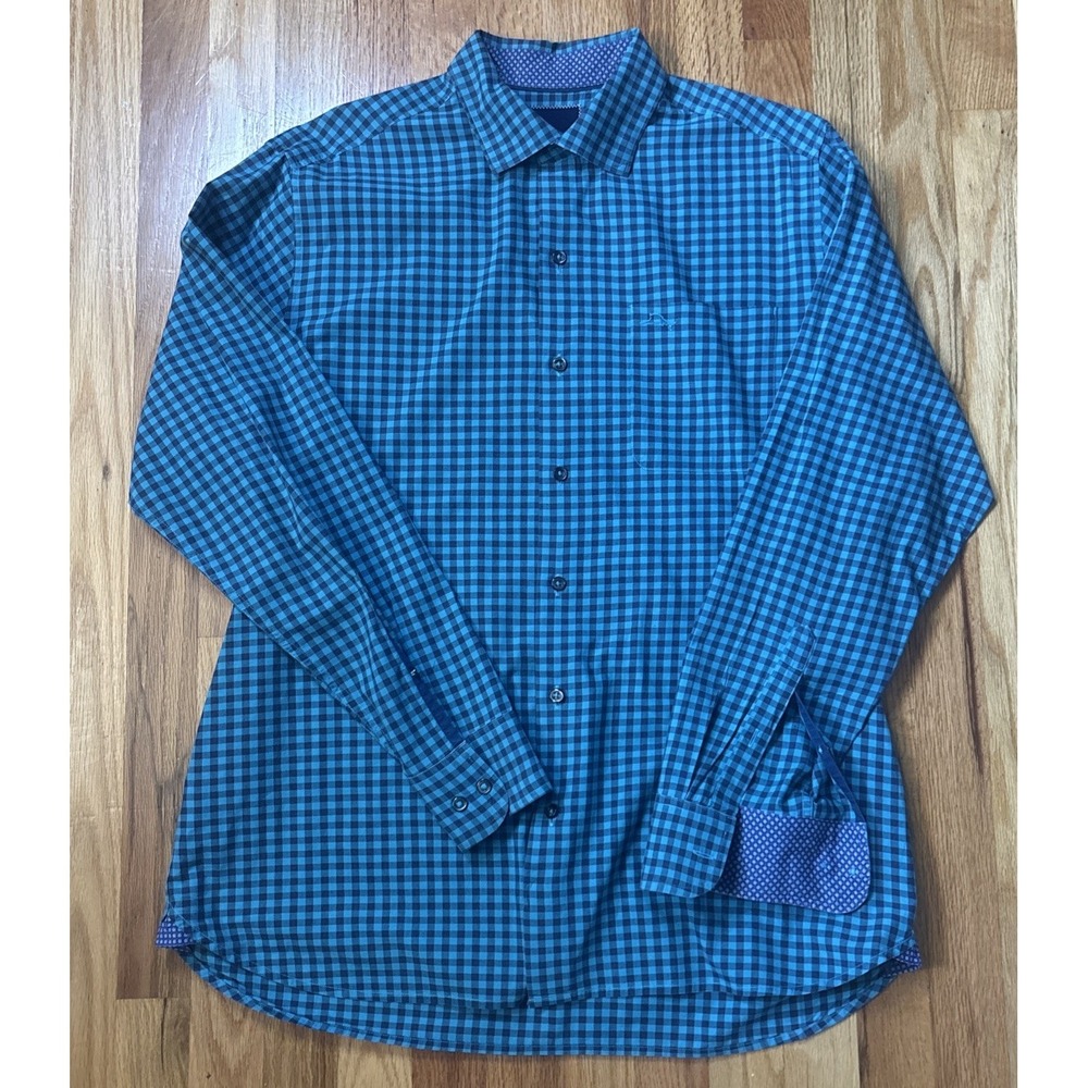Tommy Bahama Men's Shirt M Pima Cotton Teal/Navy Small Check Pattern Button Up